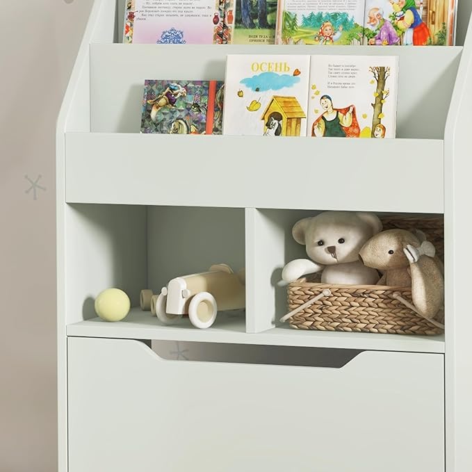 HOMCOM Kids Bookcase Multi-Shelf Rack Organizer with Storage Drawer for Books, Playroom, Pale Green