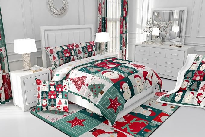 Feelyou Merry Christmas Comforter Set All Season Xmas Tree Snowman Bedding Set with 2 Pillow Cases Santa Claus Microfiber Kids Queen Bedclothes Patchwork Bedroom Decor Duvet Quilt Breathable Soft
