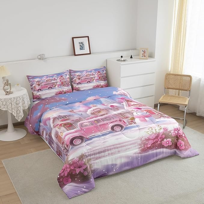 Manfei Christmas Comforter Set Queen Size, Pink Truck Flower Snowman Bedding Set for Kids Girls Room Decor, New Year Theme Down Comforter, Lightweight Duvet Insert, 2 Pillowcases