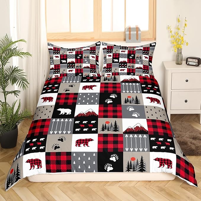 Manfei Christmas Duvet Cover Set Full Size Cute Bear Tree Print Comforter Cover Geometric Checkered Bedding Set 3pcs for Kids Boys Girls Cartoon Animal Bedspread Cover with 2 Pillowcases,No Comforter