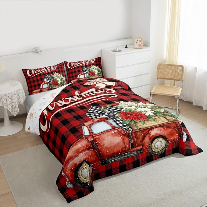 Kids Christmas Truck Comforter Set King Size,Floral Leaves Romantic Bedding,Girls Boys Adults Bedroom/Xmas Cabin Decor,Geometric Plaid Retro Down Comforter,Rustic Farm Duvet Insert,2 Pillowcases