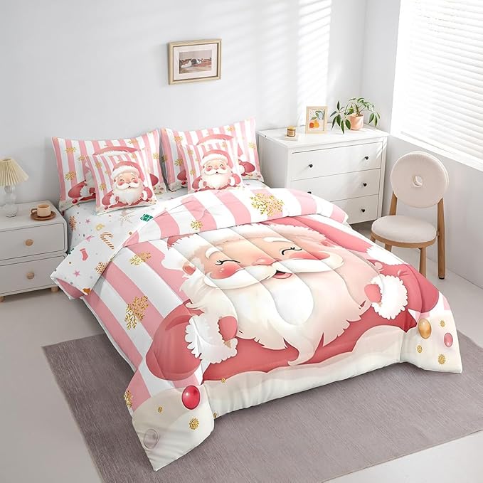 Feelyou Merry Christmas Decorations Queen Size Bed Set Santa Claus Bed in a Bag Pink Bedding Set Soft Warm Lightweight Comforter Set with Sheets