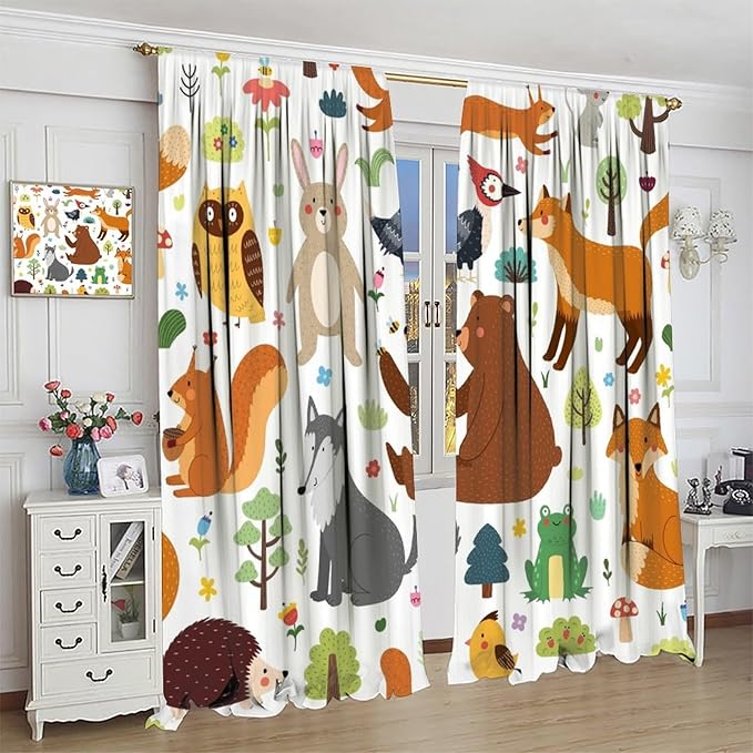 Kids Safari Animals Curtains, Baby Boy Girl Rustic Woodland Printed Cartoon Forest Window Treatments for Bedroom Living Room Nursery 2 Panels Sets, 63x63 Inch