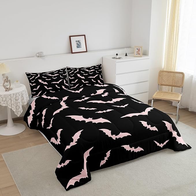 Erosebridal Bat Comforter Set Halloween Pink Bats Bedding Set with 2 Pillow Cases Silhouette Gothic Quilt Queen Size for Kids Boys Youth Gothic Spooky Bedding Comforter Sets,Black