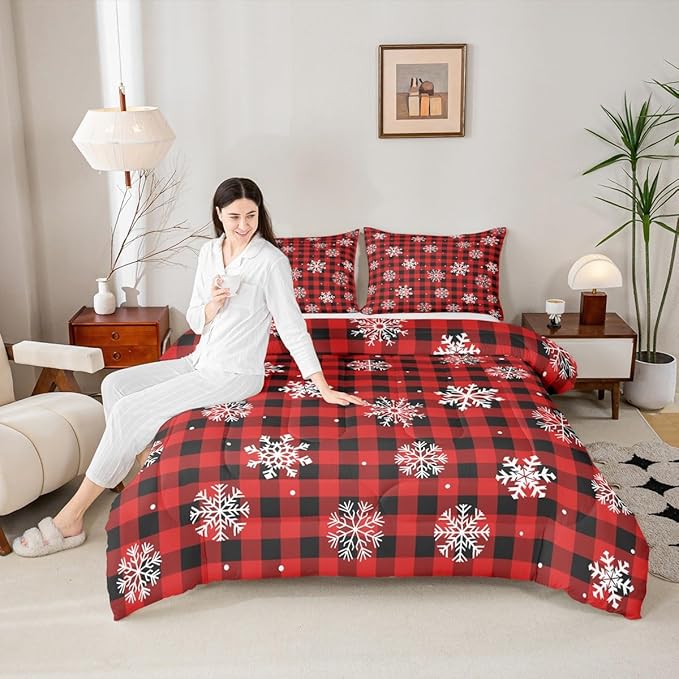 Feelyou Christmas Kids Comforter Set King Size Snowflake Red Bedding Set Red Black Plaid Duvet Quilt for Kids Boys Girls Bedroom Winter Snow Decor Microfiber Ultra Soft Breathable