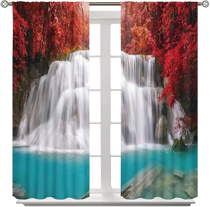 Red Forest Waterfall Blackout Windows Curtains, Tree Landscape Woodland Scenic Nature Fall Scenery Art Printed Curtains, for Living Room Bedroom 42x45in 2 Panels
