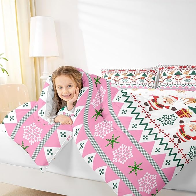 Feelyou Merry Christmas Comforter Set All Season Santa Claus Bedding Set with 1 Pillow Cases Cute Deer Microfiber Kids Toddler Bedclothes Snowflake Bedroom Decor Duvet Quilt Breathable Soft