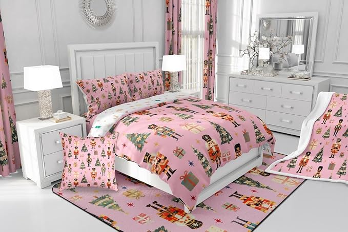 jejeloiu Xmas Nutcracker Comforter Set Queen Size Christmas Pink Bedding Set for Kids Boys Girls Cute Snowflakes Duvet Quilt Bedroom Decor