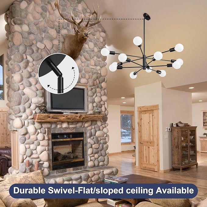 Modern Sputnik Chandeliers Light, 12-Light Black Chandeliers for Dining Room, E26 Height Adjustable Chandelier Ceiling Lighting Fixture for Farmhouse Kitchen Island Living Room Foyer