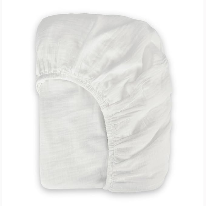 Bioweaves Organic Cotton Muslin Mini Crib Sheet, GOTS Certified Fitted Mini Crib Mattress Sheet, Extra Soft & Breathable for Toddler, Baby Boys & Girls, 38" x 24", 5 Inch Pocket, White