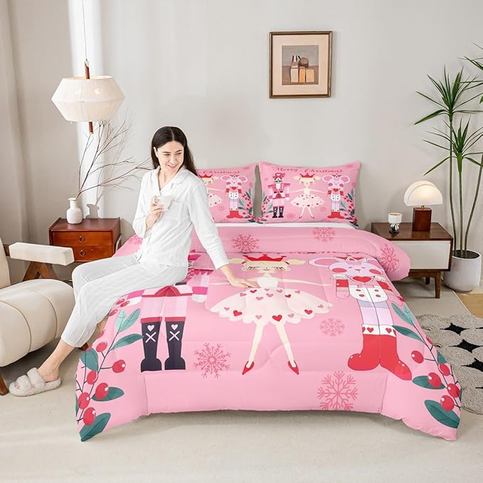 Feelyou Pink Christmas Comforter Set All Season Nutcracker Bedding Set with 1 Pillow Cases Mouse King Microfiber Kids Twin Bedclothes Royal Guarder Ballet Princess Bedroom Decor Duvet Quilt Soft