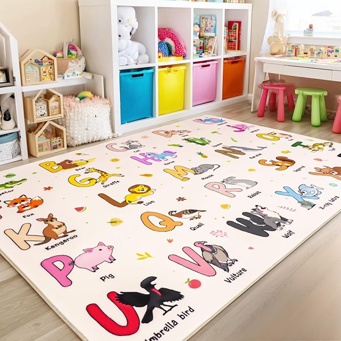 Kids Rugs for Playroom, 4x5 Feet Educational Rug for Learn The ABC Alphabet, Soft Machine Washable Non-Slip Cute Cartoon Animals Carpet for Classroom Toddler Nursery Kids Room Decor, Beige