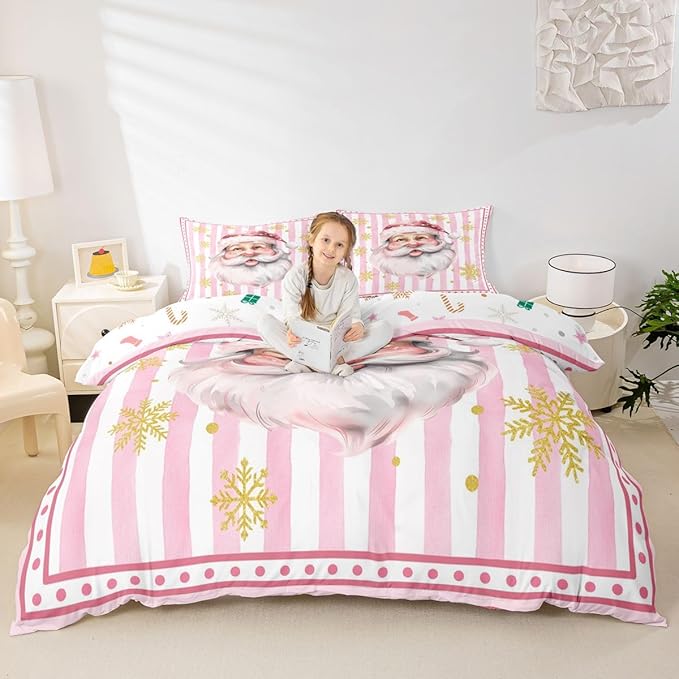 Manfei Cartoon Santa Claus Duvet Cover,New Yrar Decor Golden Snowflake Christmas Theme Bedding Set for Bedroom Decor,Girly Pink Geometric Stripes All Season Bedding (NO Comforter) Full Size