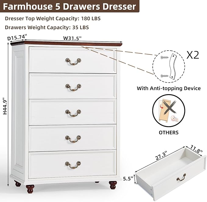 Bedroom Dresser Sets, 54" Wide 7 Drawers Dresser and 45" Tall 5 Drawers Dresser, Wooden 2 Piece Bedroom Furniture Set, Chest of Drawer for Bedroom, Home, Living Room, Hallway, White