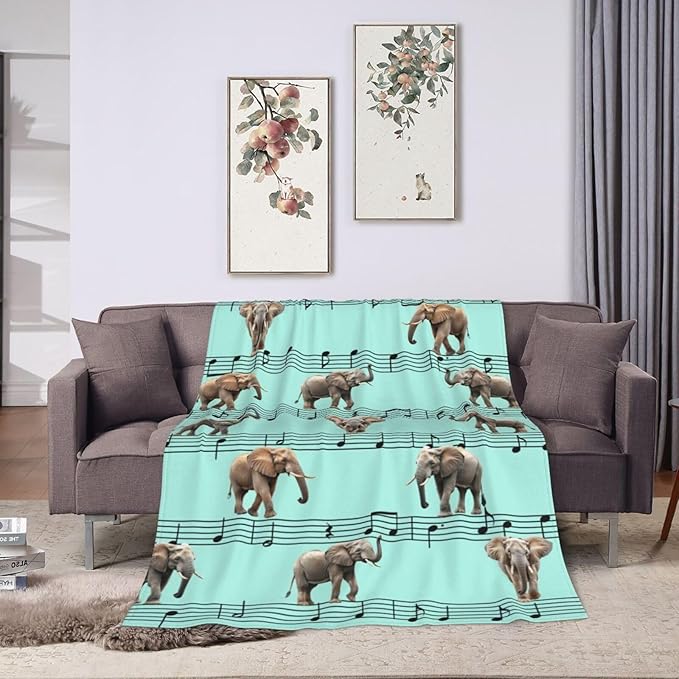 Elephant Blanket Musical Notes Decor Throw Blanket Super Soft Flannel Lightweight Fluffy Plush Fuzzy Fleece Blanket Gifts for Girl Woman Boys Kids Adults Man for Bed Sofa 50"X60"