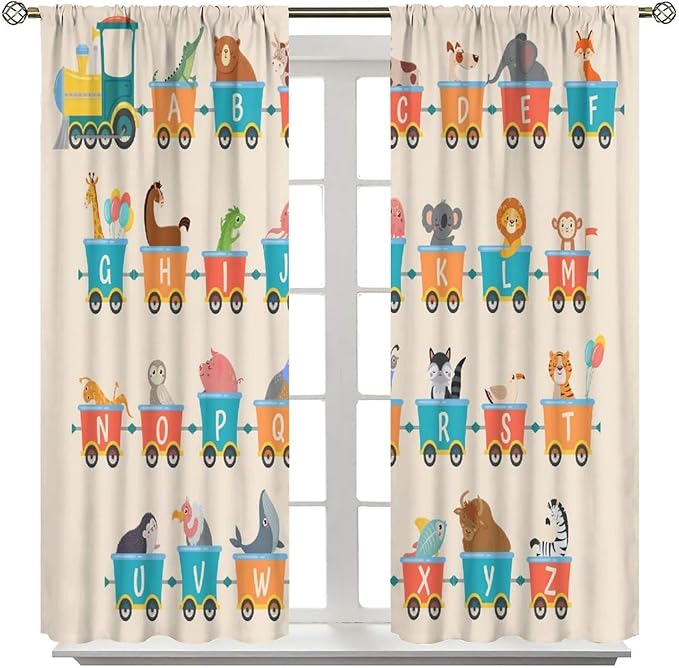 Kids Alphabet Curtains Funny Trains Letter Education School Cute Cartoon Animal Printed Curtain with Rod Pocket for Bedroom Living Room Drapes Window Treatments 2 Panels Set 72" W X 63" L