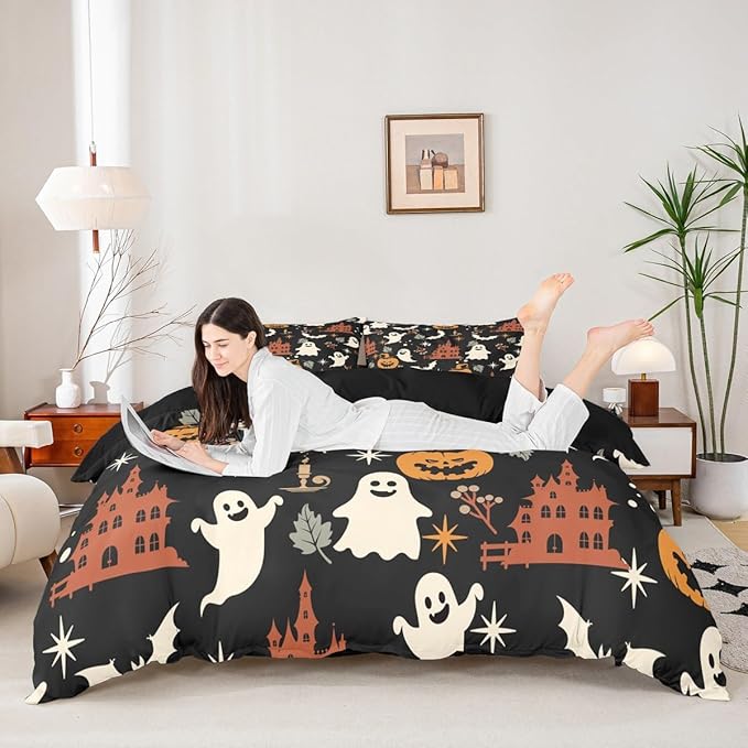 Halloween Bedding Duvet Cover Set Kids Cartoon Jack O Lantern Bedding Set Kids Ghost Pumpkin Lantern Decor Comforter Cover Set Microfiber Bats Castle Bedspread Cover Bedroom Bedclothes Toddler Size