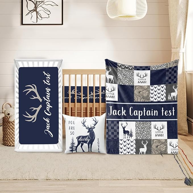 Custom Crib Bedding Set - Deer Design Personalized Name Baby Nursery Bedding 3 Pcs Set - Chic Soft Blanket, Sheet, Pillowcase for Newborns Boys Girls Gifts Color03