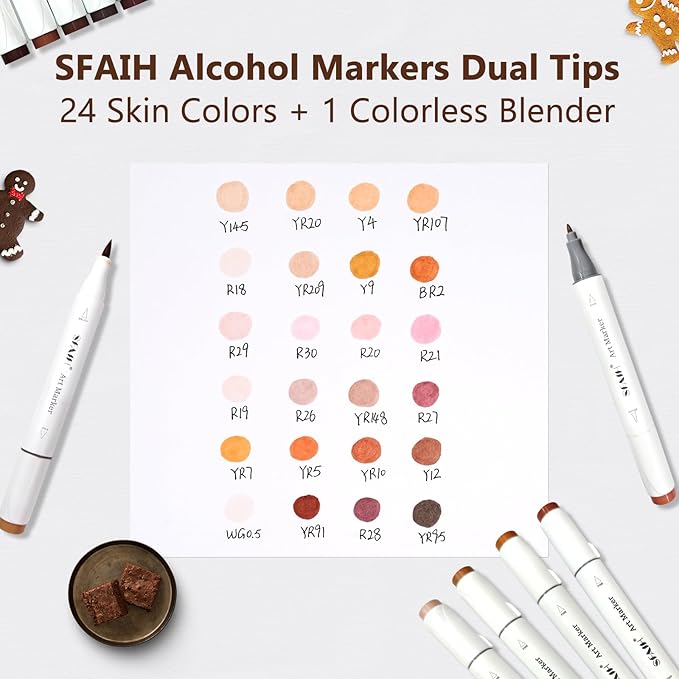 SFAIH Skin Tone Alcohol Markers Brush & Fine - 25 Portrait Color Permanent Markers for Adults/Teen/Artists/Creators, Blendable Art Markers for Coloring Sketch & Drawing & Illustration-Refillable Ink