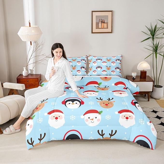 Feelyou Merry Christmas Comforter Set All Season Santa Claus Bedding Set with 2 Pillow Cases Deer Penguin Microfiber Kids Queen Bedclothes Snowman Bedroom Decor Duvet Quilt Breathable Soft Lightweight