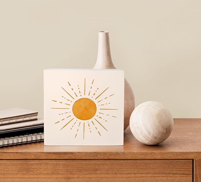 KU-DaYi Abstract Boho Sun Orange Sunrise Sunshine Wood Box Sign Rustic Farmhouse Style Wood Block Plaque Decor for Bohemian Home Girls Room Wall Desk Shelf Decoration