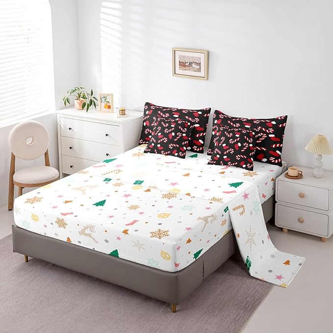 Merry Christmas Kids Bedding Set Xmas Theme Comforter Set with Sheets for Boys Girls Christmas Stockings Candy Decor Bed in a Bag Red Black Xmas Theme Bed Set 7Pcs King Size