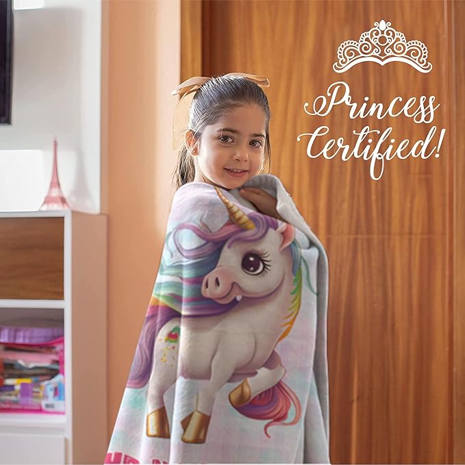 Personalized Baby Unicorn Throw Blanket for Girls with Custom Name, Prancing Pony with Rainbow Mane and Tail, Cute Nursery Room Decor, Soft Plush Toddler Bedding for Babies, (Sherpa 50x60)
