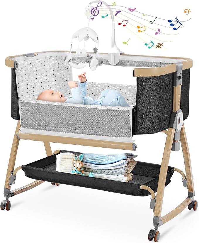Bedside Bassinet,Bassinet Bedside Sleeper,3 in 1 Bedside Bassinet for Baby,Rocking Bassinet with Mattress,Mobile,Mosquito Net,Storage Basket,6-Height Adjustable Bassinet with Wheels for Newborn