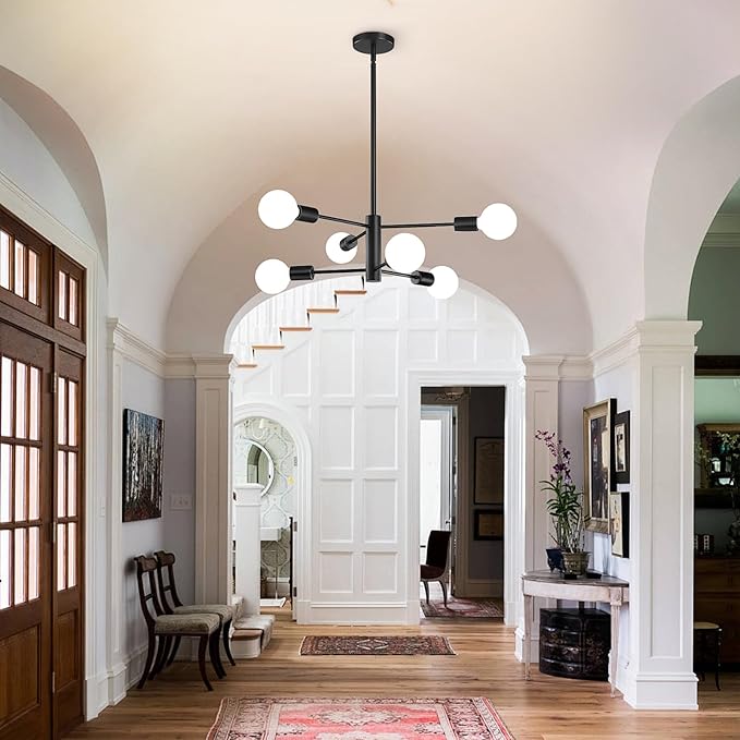 Modern Sputnik Chandeliers Light, 6-Light Black Chandeliers for Dining Room, Height Adjustable Ceiling Lights Farmhouse Chandelier for Kitchen Island Living Room Bedroom Visit The Store