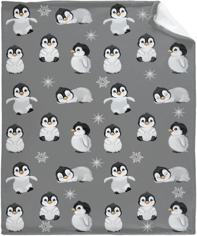 Thuswarm Cute Penguin Grey Flannel Throw Blanket Gifts Warm Cozy Soft Funny Print Blankets for Summer Room Decoration Bed Couch Sofa 80”×60” Large for Adult