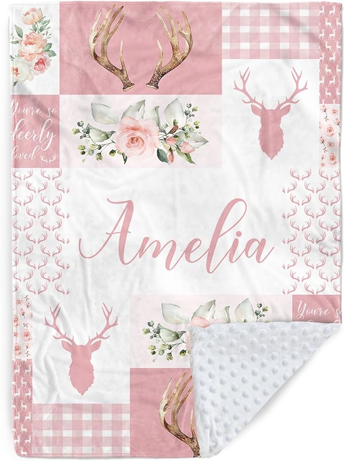 Personalized Baby Blanket with Name, Custom Pink Woodland Deer Blanket for Kids, Soft Flannel Bed Throw Blanket Swaddle for Newborn, Customizable Baby Gift & Nursery Blanket(30”x40)