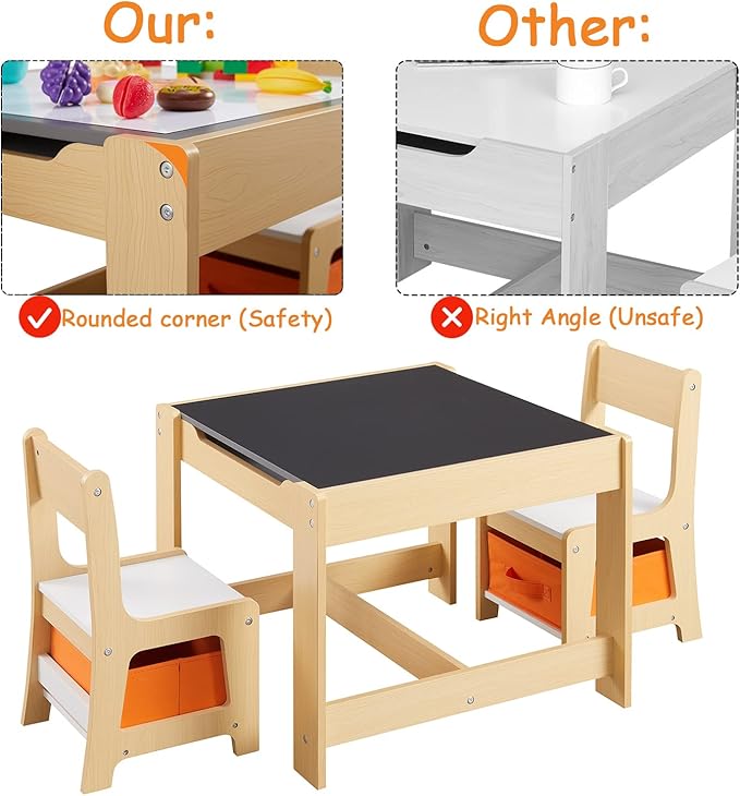 Kids Table and Chair Set, 3 in 1 Wooden Activity Table with Storage Drawer for Toddlers Drawing, Reading, Crafts, 2 in 1 Detachable Tabletop Table Set for Nursery, Playroom (Natural)