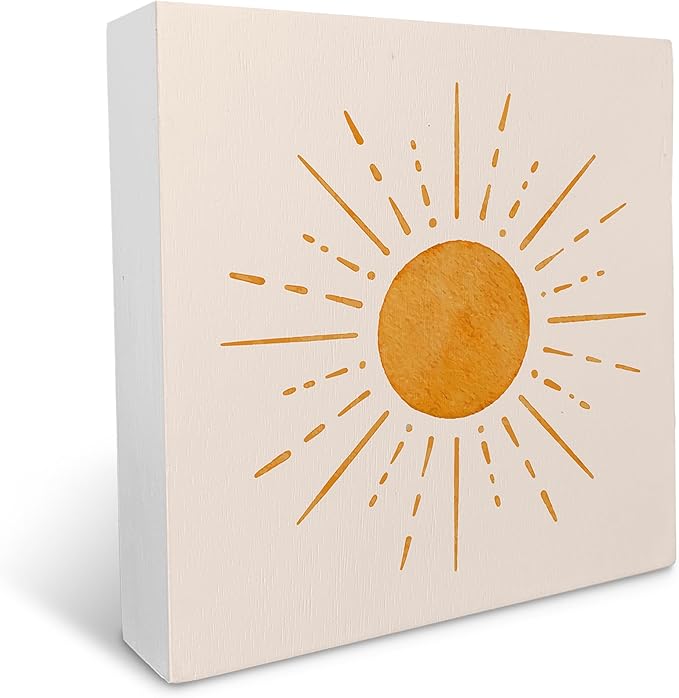 KU-DaYi Abstract Boho Sun Orange Sunrise Sunshine Wood Box Sign Rustic Farmhouse Style Wood Block Plaque Decor for Bohemian Home Girls Room Wall Desk Shelf Decoration