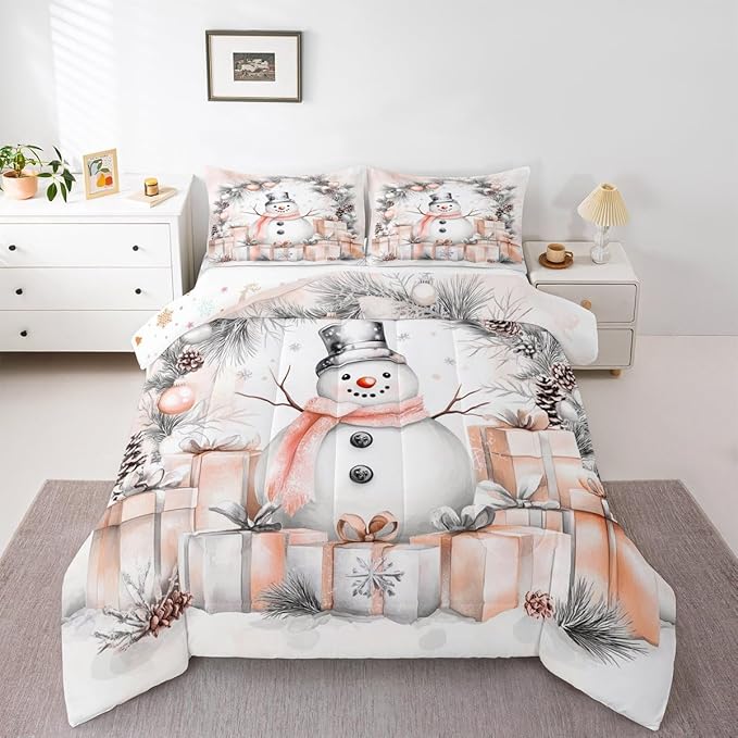 Feelyou Merry Christmas Comforter Set Twin Size Cute Snowman Bedding Set for Kids Boys Girls Duvet Quilt Snowflake Bedroom Decor Microfiber 2 Pcs with 1 Pillow Cases