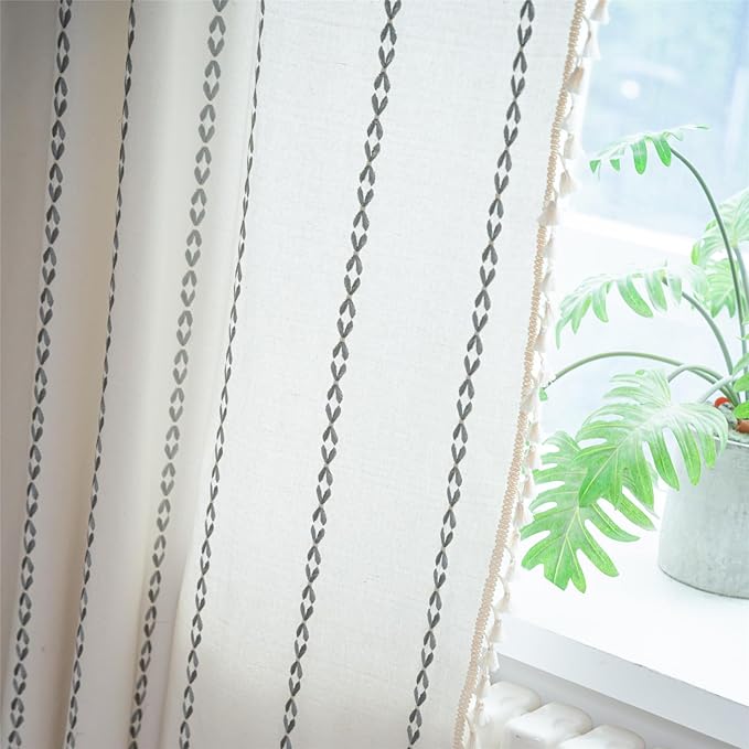 Deeprove Light Gray Boho Curtains 96 inches Long for Bedroom, Vintage Privacy Bohemian Embroidery Light Filter Cotton Linen Stripes French Country Tassel Window Treatments Decor, W52 x L96, 1 Panel