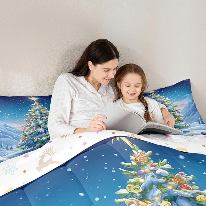 Feelyou Christmas Comforter Set Toddler Size Xmas Tree Bedding Set for Kids Boys Girls Winter Snowflake Duvet Quilt Christmas Tree Ornaments Bedroom Decor Microfiber 2 Pcs with 1 Pillow Cases