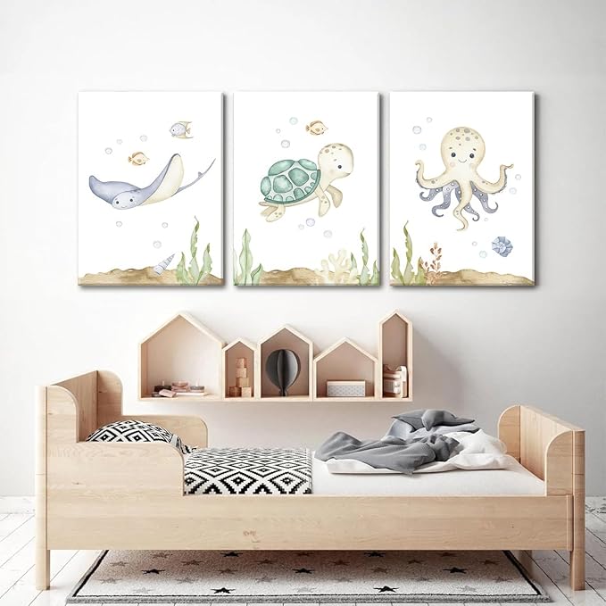 Wodkwq Ocean Nursery Decor, Set of 3, 16x24in Framed Canvas Prints, Under The Sea, Boys Room Sea Animal Wall Art