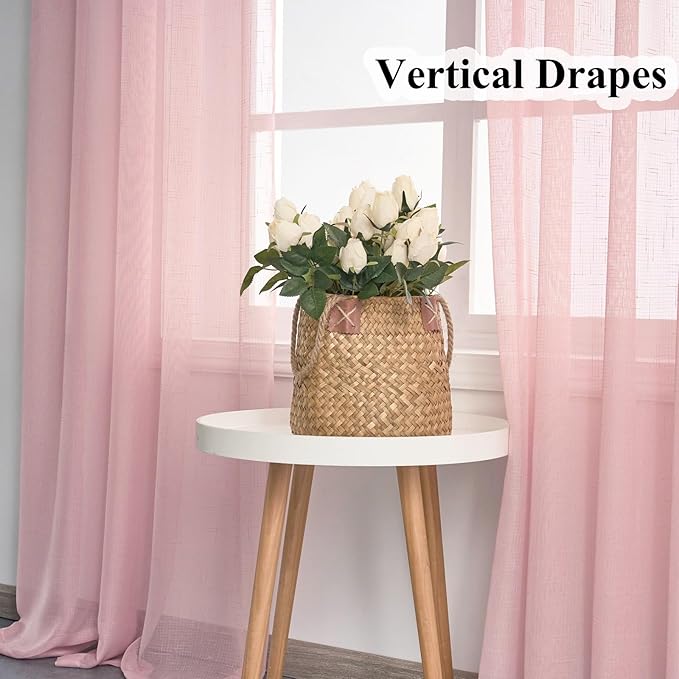 Blush Pink Sheer Curtains 108 Inches Long, Linen Look Textured Light Filtering Drapes for Girls Room, Light Pink Transparent Window Decor, Floor to Ceiling Pinch Pleat Curtain with Hooks