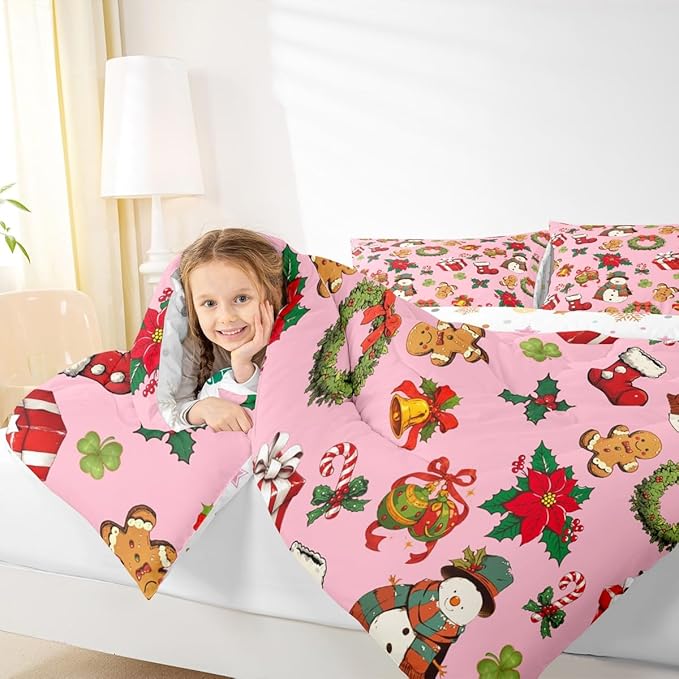 jejeloiu Merry Christmas Comforter Set Twin Size Cute Snowman Bedding Set for Kids Boys Girls Gingerbread Man Duvet Quilt Pink Bedroom Decor
