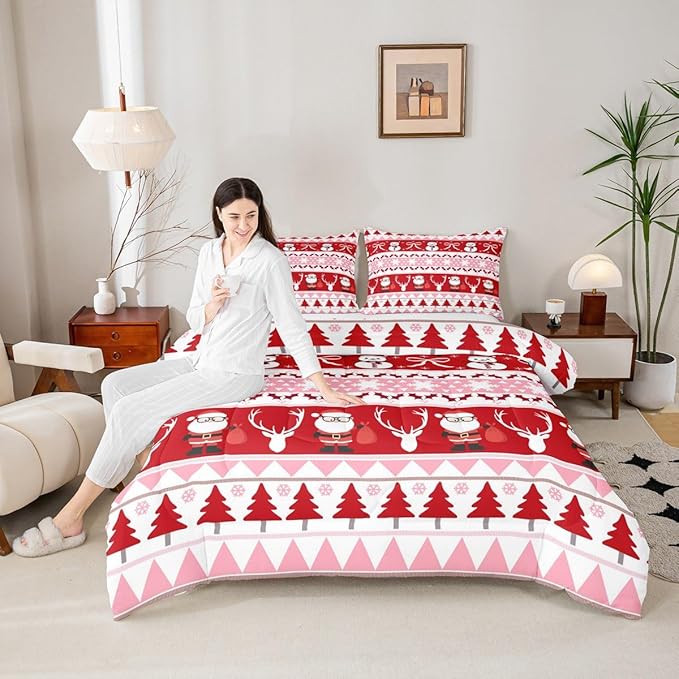 Feelyou Merry Christmas Tree Kids Comforter Set Full Size Cute Snowman Bedding Set Santa Claus Duvet Quilt for Kids Boys Girls Bedroom Cartoon Bowknot Decor Microfiber Ultra Soft Breathable