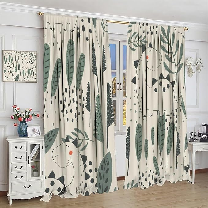 Funny Dinosaur Curtains, Jungle Cute Cartoon Animals Tropical Leaves Plant Beige Green Print Blackout Window Treatments for Kids Boys Girls Bedroom Living Room 52x84in