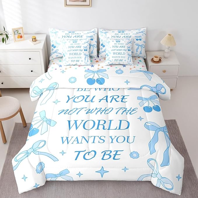 7 Pieces Blue Bowknot Kids Comforter Set Full,Cherry Tropical Fruit Cartoon Princess Bedding Set,Bow Tie Stars Daisy Cute Blue Dreamy（Comforter+Fitted+Flat Sheet+2 Pillowcases+2 Throw Pillow Covers）