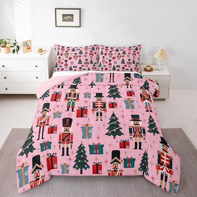 Feelyou Nutcracker Comforter Set All Season Merry Christmas Tree Bedding Set with 2 Pillow Cases Snowflake Kids King Bedclothes Soldier Print Decor Duvet Quilt Soft Lightweight