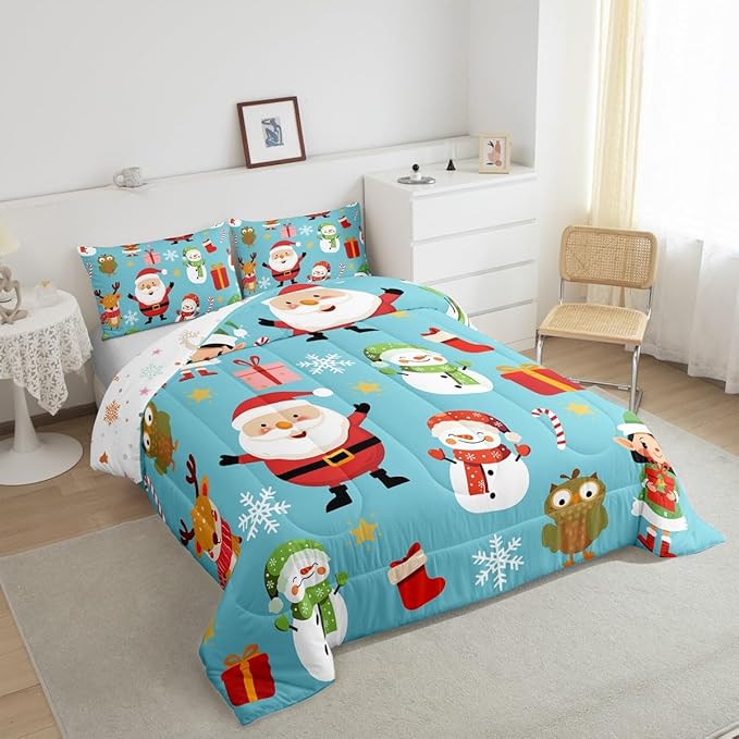 Erosebridal Merry Christmas Comforter Set Cartoon Santa Claus Quilts Full Size Holiday Snowman Deer Elk Bedding Set Xmas Decor for Kids Boys Teens Cute Owl Animal Down Comforter,Blue