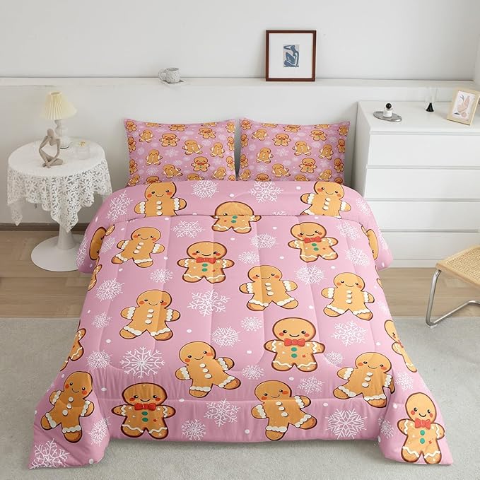 Erosebridal Christmas Gingerbread Full Bedding Set 7 Piece,Cute Gingerbread Man Bed in A Bag,Xmas Snowflake Comforter Set Girls Sheet Set with Comforter,Pink Christmas Decoration