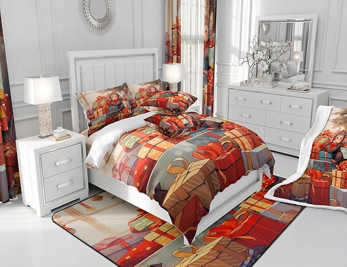 Santa Monkey Comforter Set Twin Size,Merry Christmas Holiday Theme Bedding Set 2Pcs,Christmas Tree Decoration Quilt Set Kids Girls Teens Room Decor Cartoon Animal Xmas Style Duvet Insert,1 Pillowcase