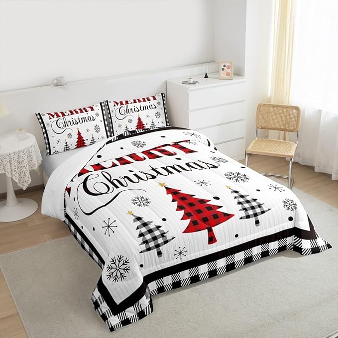 Merry Christmas New Year Kids Comforter Set King Size,Snowflake Pine Trees Bedding,Girls Boys Adults Bedroom/Xmas Cabin Decor,Grids Geometric Fashion Down Comforter,Rustic Duvet Insert,2 Pillowcases