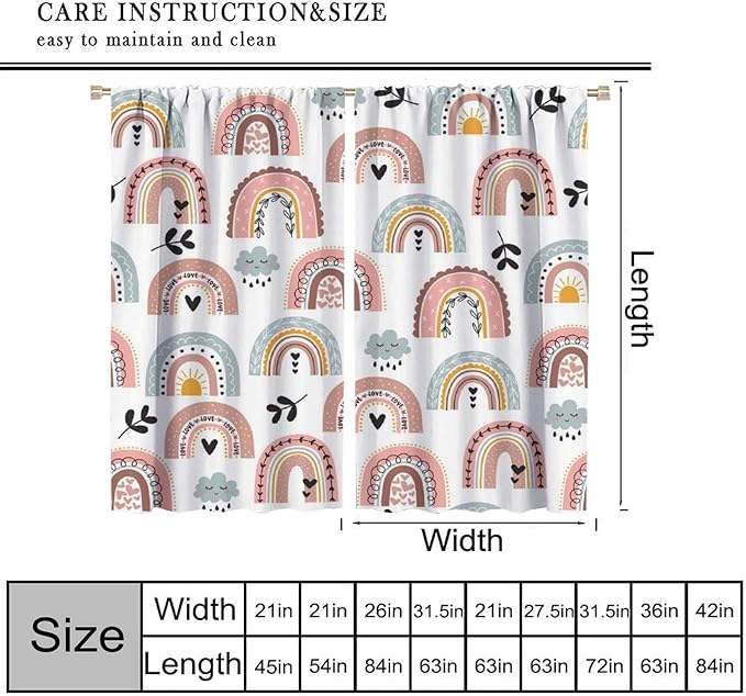 Kids Rainbow Curtains Boho Cartoon Colorful Stars Love Heart Lovely Abstract Art Pattern Print Window Drapes for Girl Bedroom Living Room Kitchen Decor,2 Panel Set,42Wx45H Inch Decor