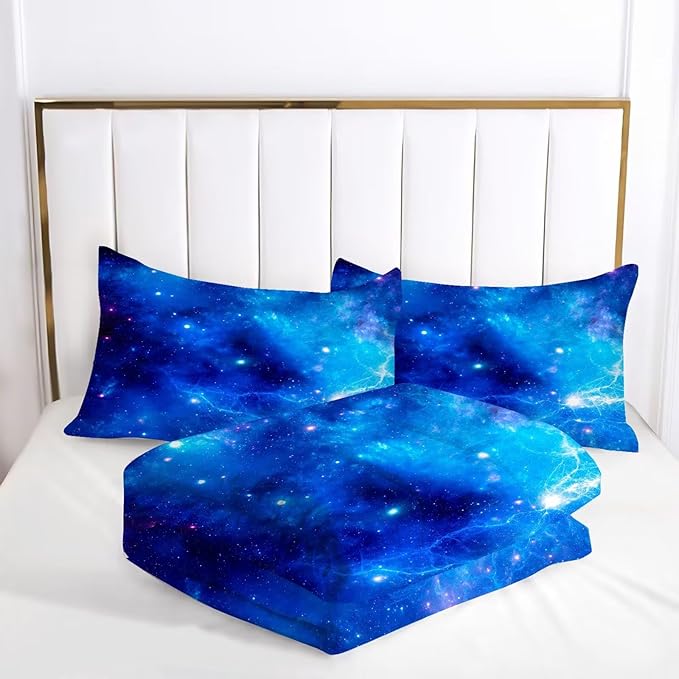 kxry Blue Galaxy Space Comforter Set King Size Outer Space Starry Sky Universe Bedding Sets for Girls Teens Kids Soft Microfiber Lightweight Comforter Set with 1 Comforter + 2 Pillow Cases