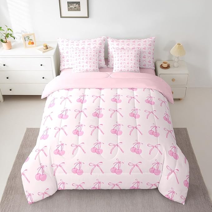 7 Pieces Cartoon Bowknot Kids Comforter Set Queen,Pink Bow Tie Butterfly Knot Princess Bedding Set,Cherry Bow Patchwork Romantic（Comforter+Fitted+Flat Sheet+2 Pillowcases+2 Throw Pillow Covers）